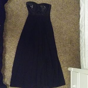 Juniors Strapless Crepe and Sequin Long Prom Dress